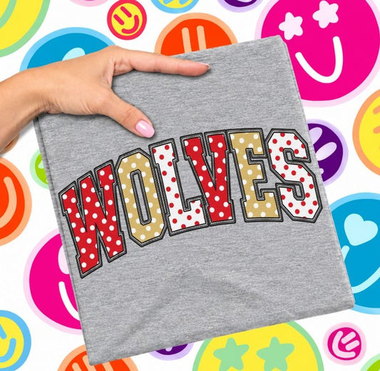 Wolves - Red/Vegas Gold (Sketched Arch Polka Dot Mascots) - DTF