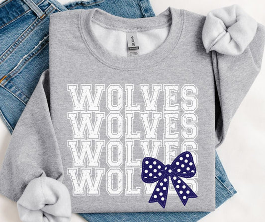 Wolves - White/Navy (Distressed Stacked Mascot Bow) - DTF