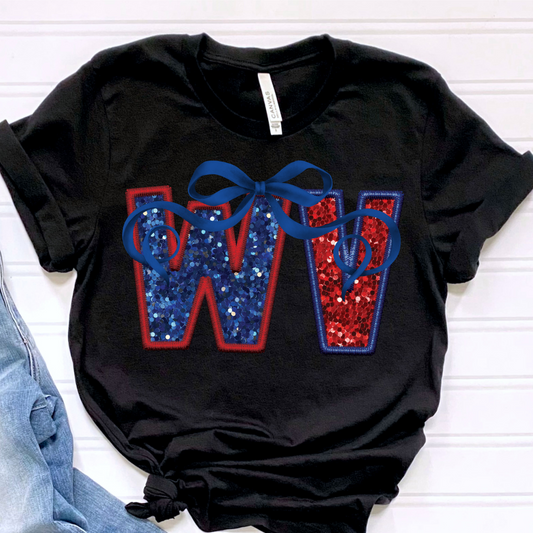 WV (Patriotic Bow State Abbrev. faux embroidered sequins) - DTF