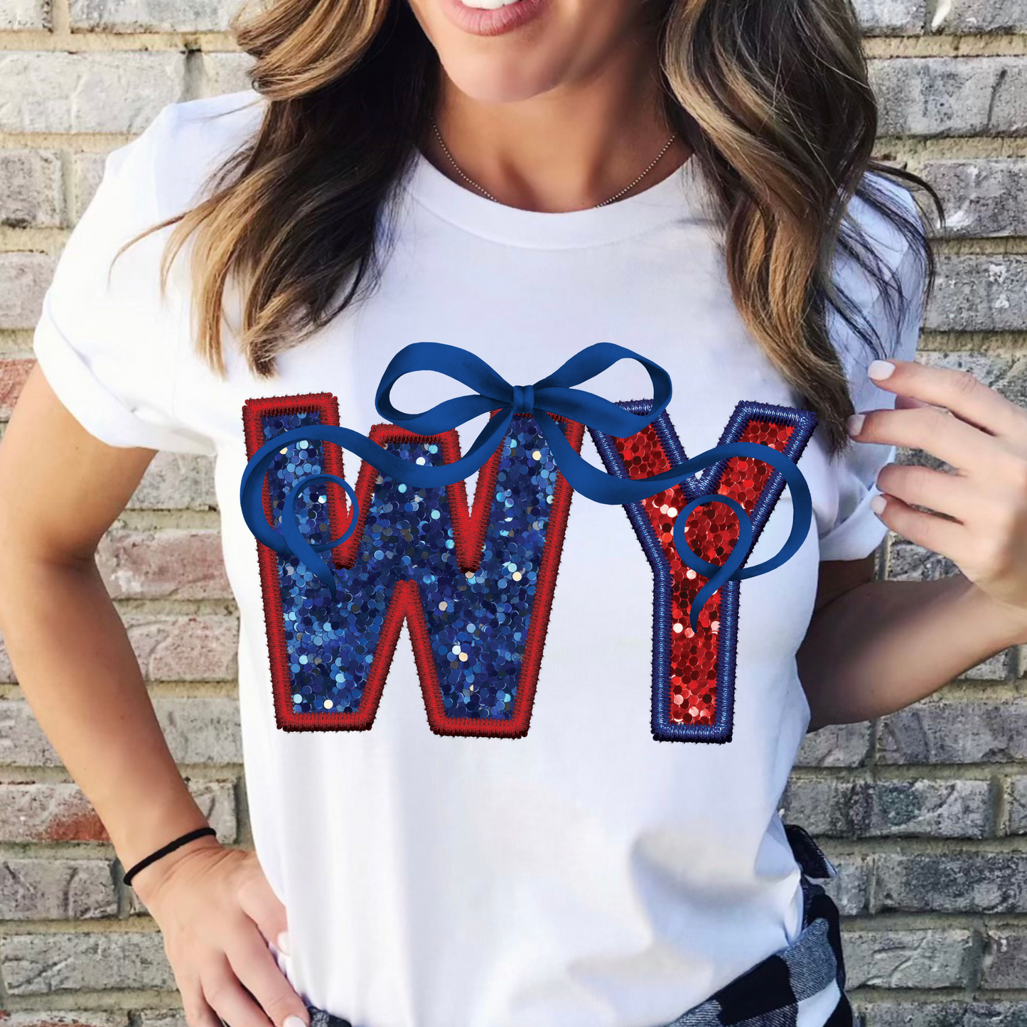WY (Patriotic Bow State Abbrev. faux embroidered sequins) - DTF