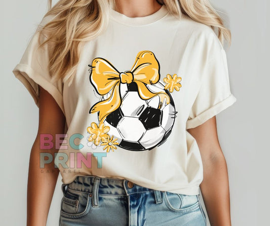 Play Ball Floral Bow - Yellow Gold (Soccer) - DTF