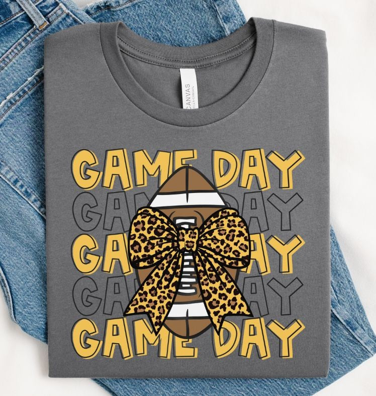 Game Day Football (Yellow Gold with Leopard Bow) - DTF