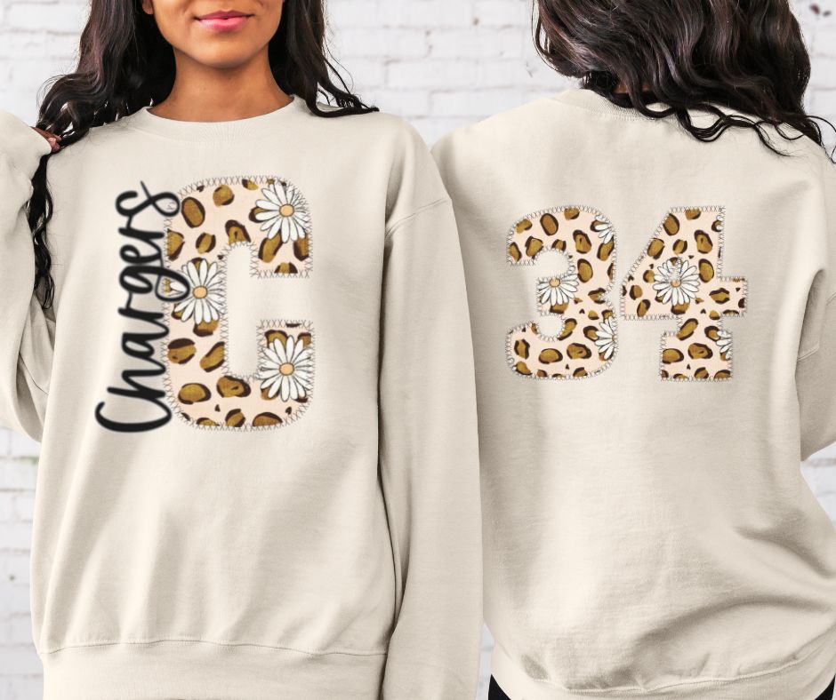 Chargers Leopard and Daisy Mascot (letter and mascot name) - DTF